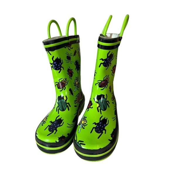 Kids Norty Waterproof Rubber Rain Boots Size 9 Green w/ Insects Bug Easy Pull On - Picture 3 of 6
